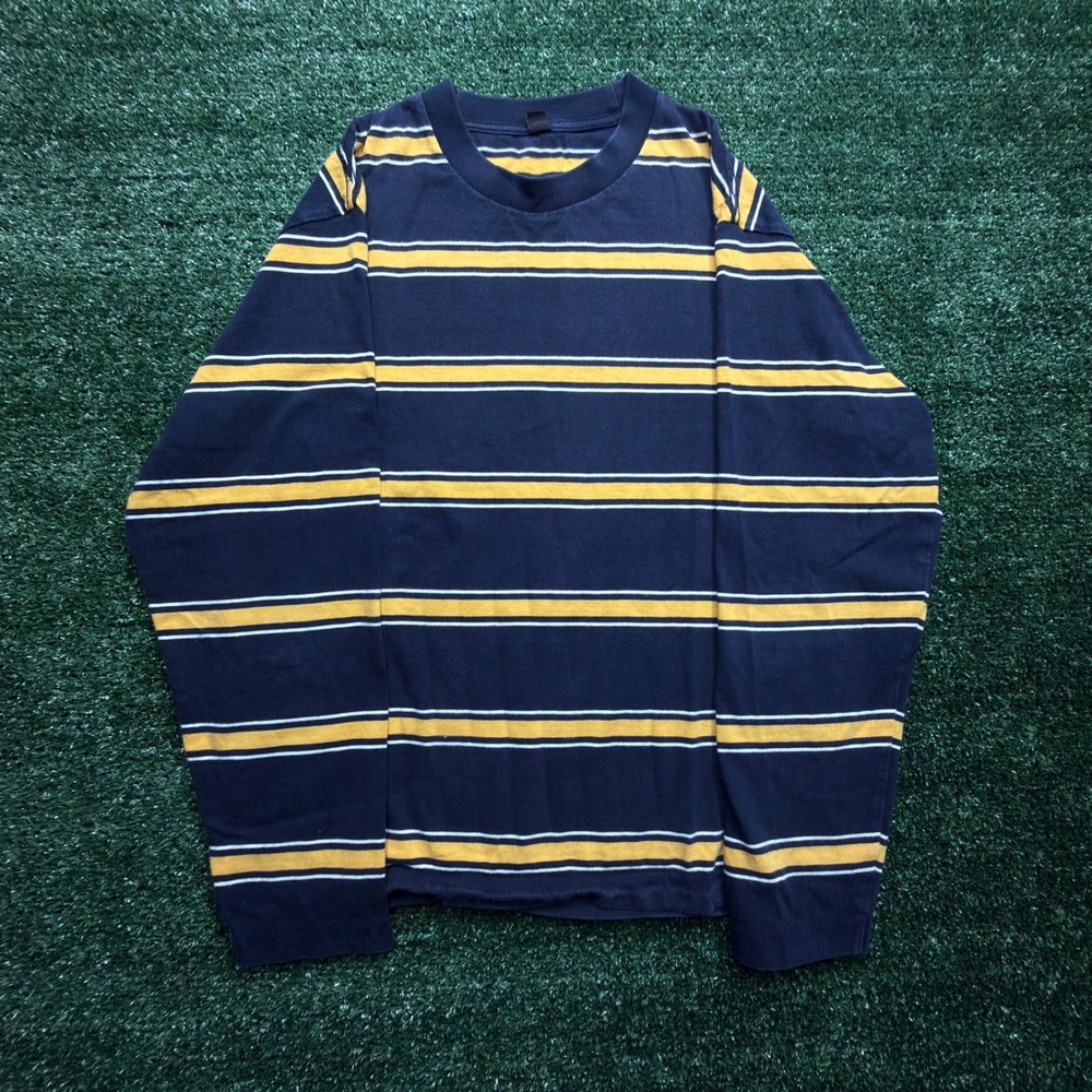 Uniqlo Mens XS Striped Long Sleeve T-Shirt Navy Blue Yellow Crewneck Cotton